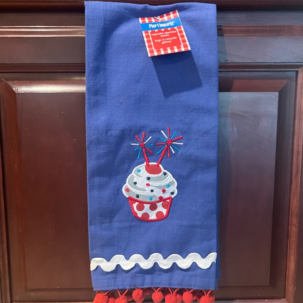 Pier 1 Imports Blue Towel with Cupcake Embroidery